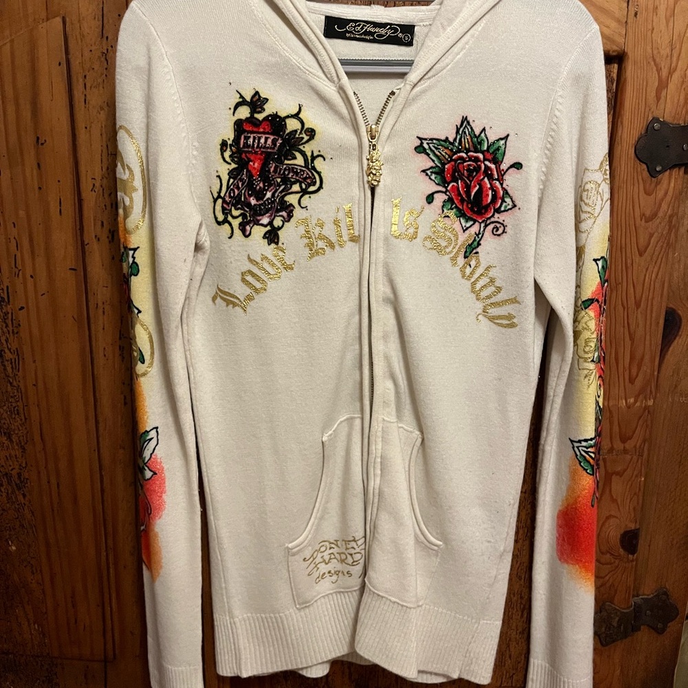 Ed Hardy White Hoodie with Colorful Tattoo Art